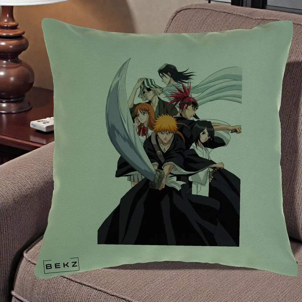 Perna Personalizata Bleach Grup Complet Ichigo si Prietenii, 40x40 cm, Verde, Husa Detasabila, Perna Inclusa, BEKZ®