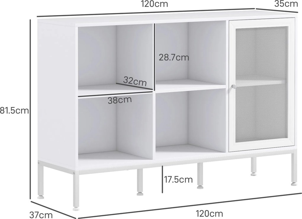 HOMCOM Dulap Modern de Depozitare cu Ușă din Plasă, 4 Compartimente Deschise și Raft Reglabil, 120x37x81.5 cm, Alb | Aosom Romania