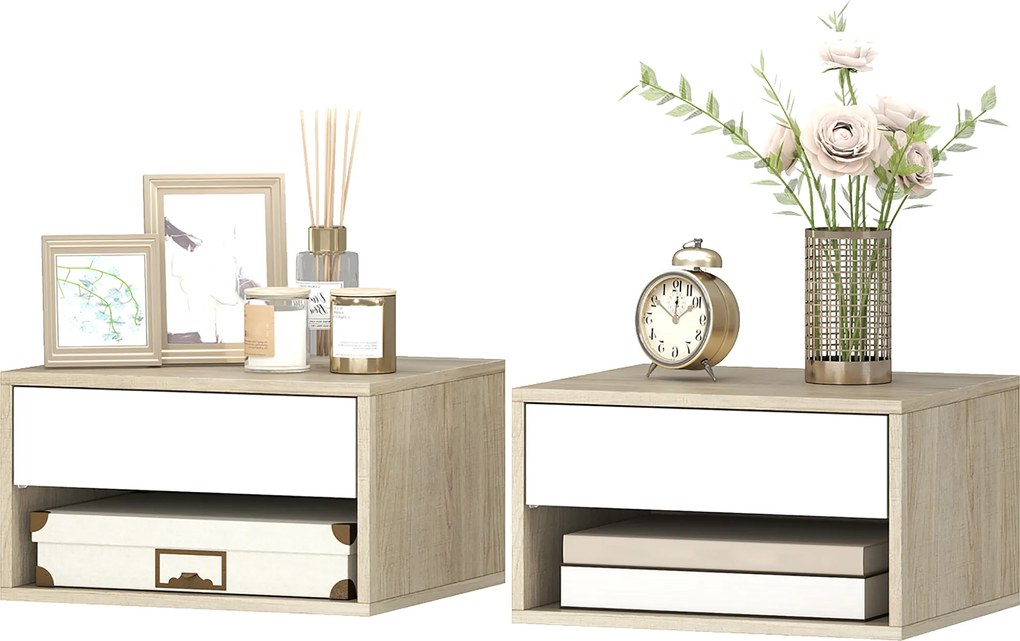 HOMCOM Set de 2 noptiere montate pe perete, noptiere, sertar, compartiment deschis, blat, 37 x 32 x 21 cm, lemn natural | Aosom Romania