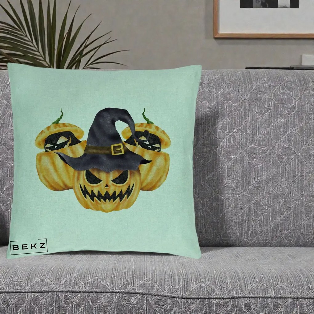 Perna Decorativa Trio Dovleci Jack-o-Lantern cu Palarie Vrajitoare, 40x40 cm, Verde Menta, Husa Detasabila, Perna Inclusa, BEKZ®