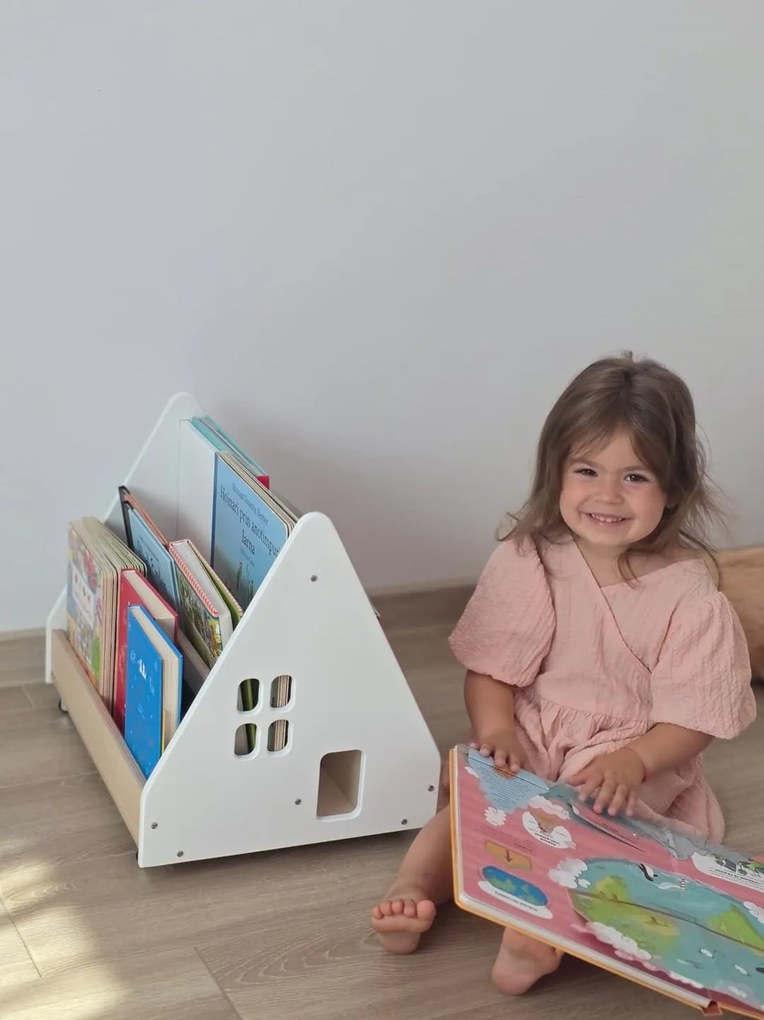 Bibliotecă Montessori cu roți, în formă de căsuță BOOKY Pink