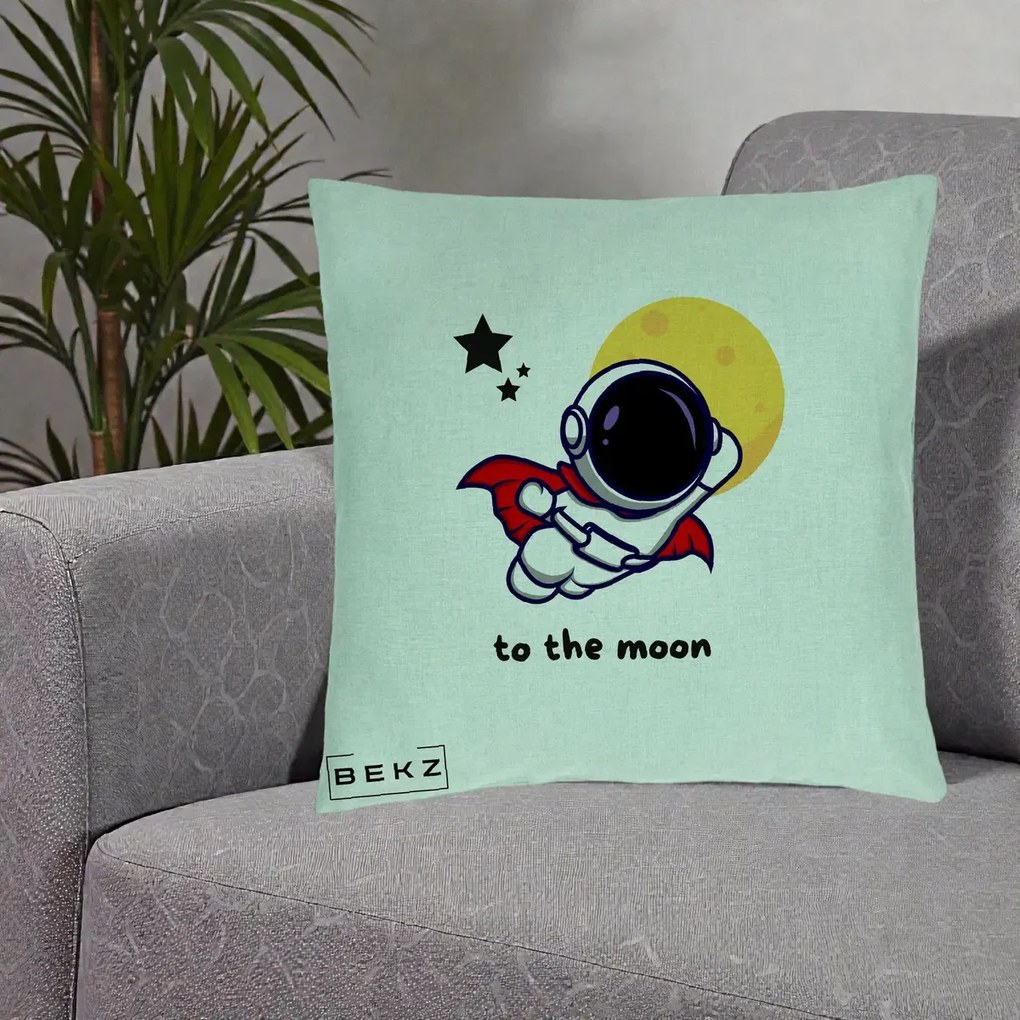 Perna Decorativa Astronaut To The Moon, 40x40 cm, Verde Menta, Husa Detasabila, Perna Inclusa, BEKZ®