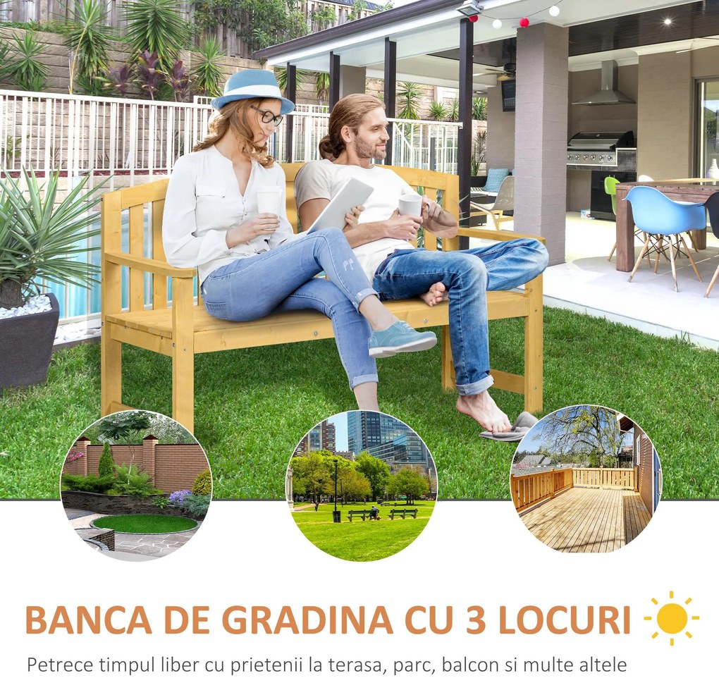 Outsunny Bancă din Lemn cu 2 Locuri, Spătar și Cotiere pentru Terasă, Verandă, Piscină, Balcon, 143x51x85 cm, Lemn Natural | Aosom Romania