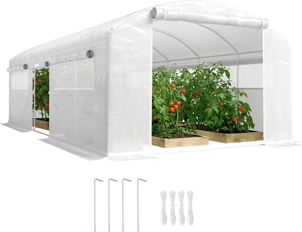 Outsunny Seră tunel 6x3x2 m cu 3 uși rulou, 6 ferestre cu plasă și structură din oțel galvanizat, alb | Aosom Romania