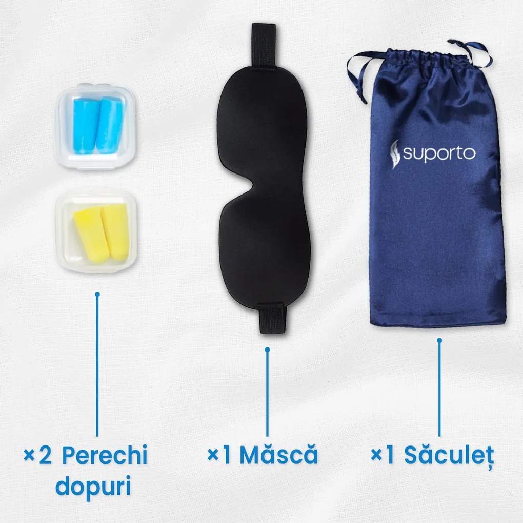 Masca de dormit Suporto 3D cu saculet Albastru Închis, masca de somn premium, reglabila, blochează lumina în totalitate, cu 2 Seturi de dopuri de