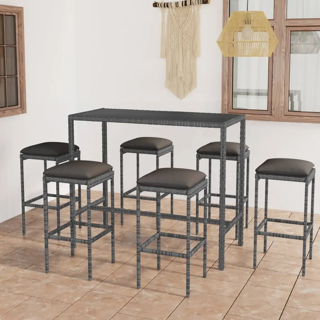 vidaXL Set mobilier bar de grădină cu perne, 7 piese, gri, poliratan