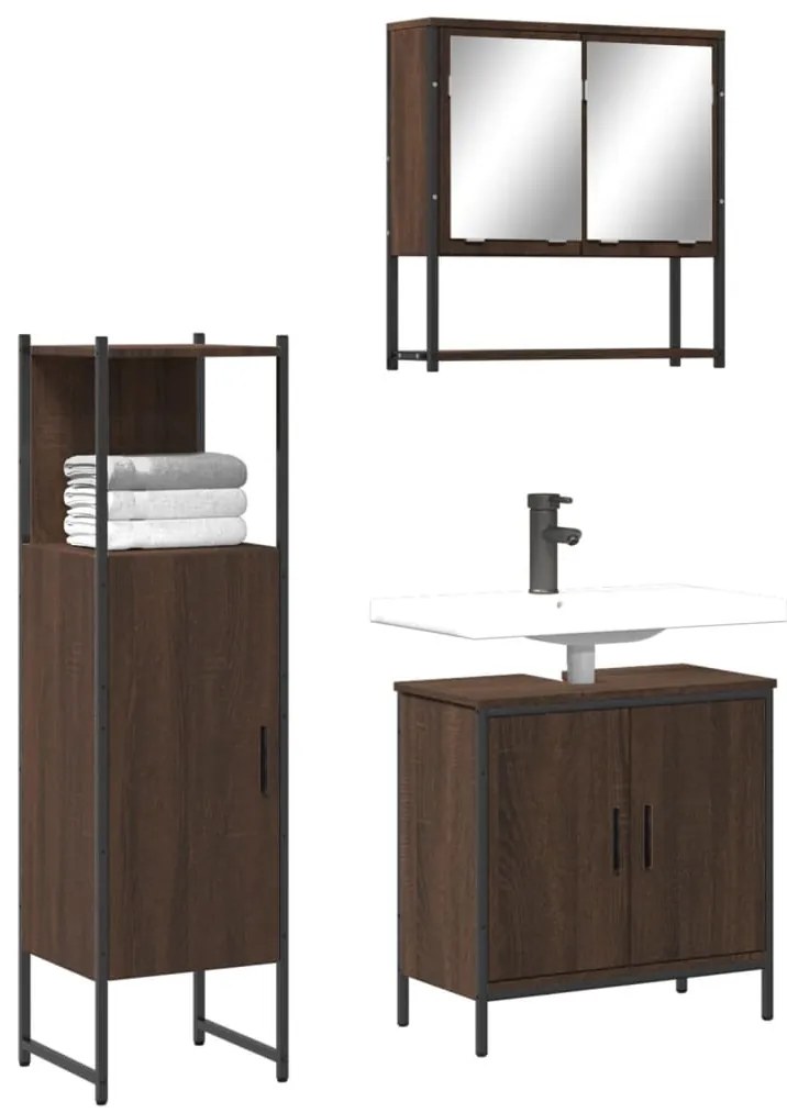 vidaXL Set mobilier de baie, 3 piese, stejar maro, lemn prelucrat
