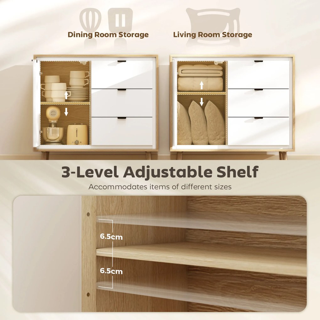 HOMCOM Credență de bucătărie cu 3 sertare și dulap Alb lucios și stejar | Aosom Romania