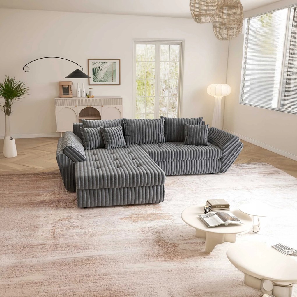 Colțar extensibil dumonde cu ladă de depozitare si sezut confortabil din spuma high-density, Loana Ambience Grey 270x185 cm