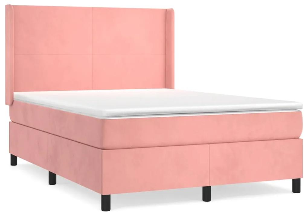 Pat box spring cu saltea, roz, 140x190 cm, catifea Roz, 140 x 190 cm, Design simplu