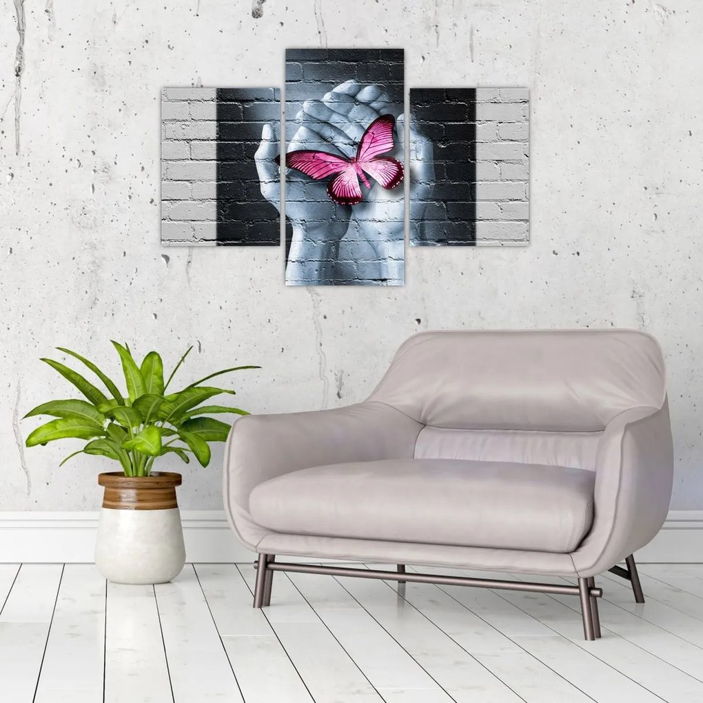 Tablou - Fluture roz în perete (90x60 cm)