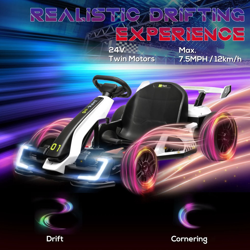 Kart electric pentru copii cu vârsta între 6-12 ani 24V 12km/h cu scaun reglabil, Drift Go-kart cu claxon, lumini, alb HOMCOM | Aosom Romania