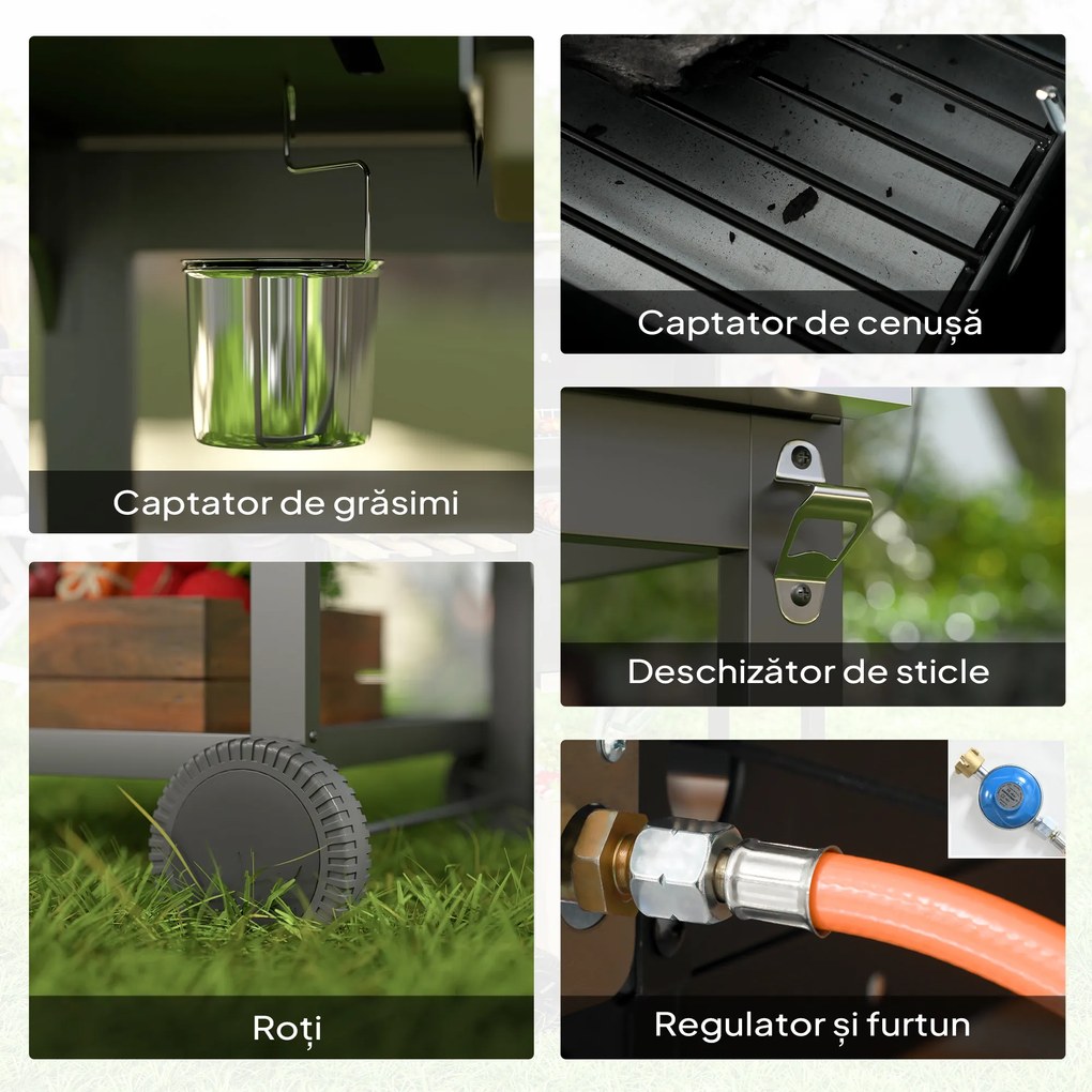 Outsunny Grill Gaz-Cărbune, 3 Arzătoare 7kW, Negru | Aosom Romania