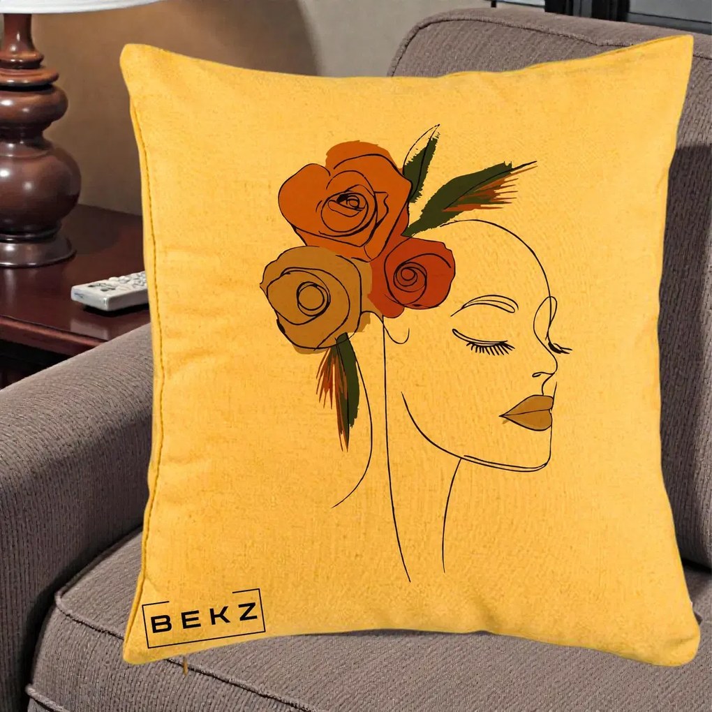 Perna Decorativa Portret Feminin Trandafiri Ruginii, 40x40 cm, Galben, Husa Detasabila, Perna Inclusa, BEKZ®