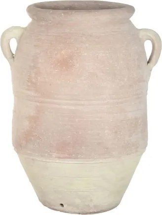 Vas decorativ amforă din teracotă artizanală, finisaj craft roz-crem, cu 2 anse, 60×60×80 cm, „Jerba"