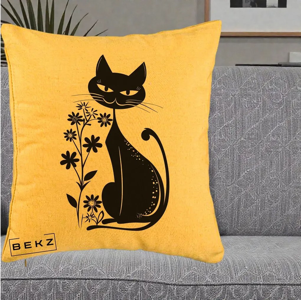 Perna Decorativa Pisica Neagra Grafica Minimalista, 40x40 cm, Galben, Husa Detasabila, Perna Inclusa, BEKZ®