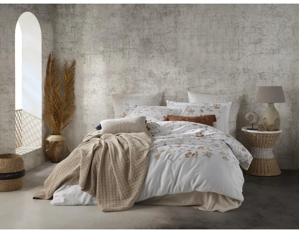 Lenjerie de pat albă din bumbac satinat pentru pat de o persoană 140x200 cm Ivory Garden Floral – Mila Home Luxury