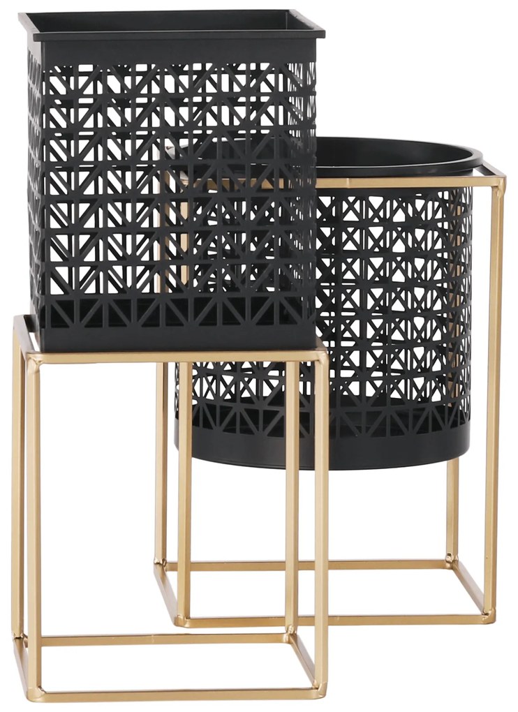 Set 2 suporturi pentru ghivece, pătrat/rotund, negru/auriu, ESME SET