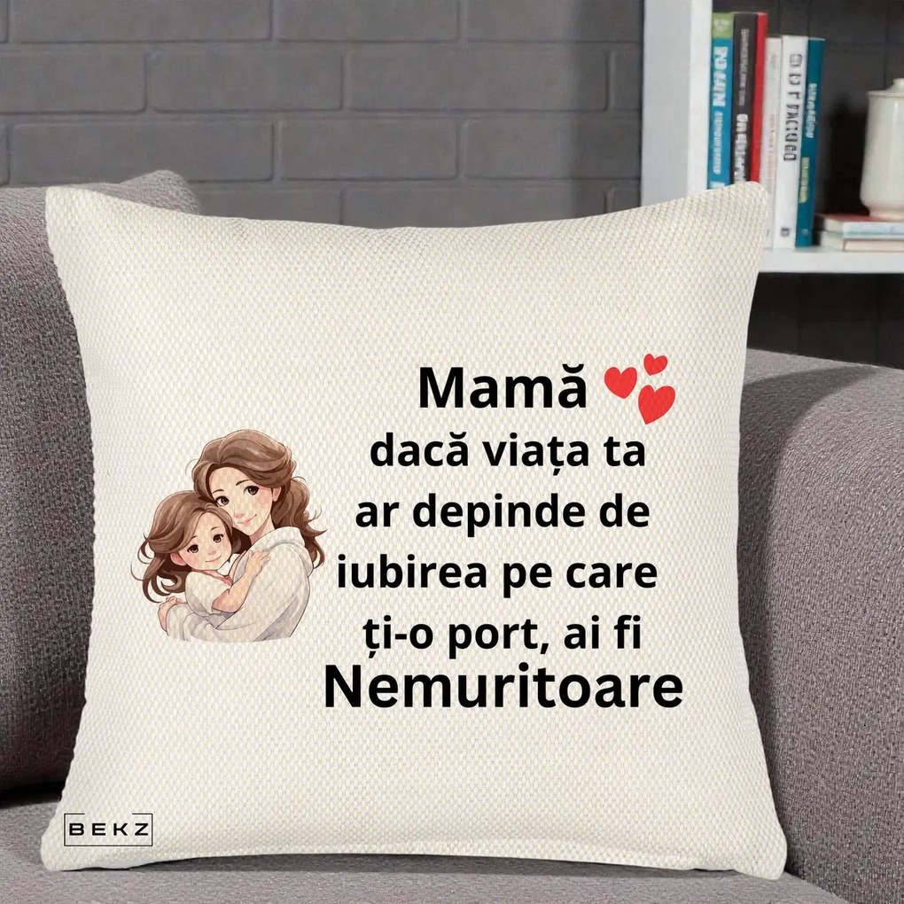 Cadou pentru Mama - Perna Personalizata Mama Nemuritoare cu Balon Inima, 40x40 cm, Crem Reliefat, Husa Detasabila, Perna Inclusa, BEKZ®