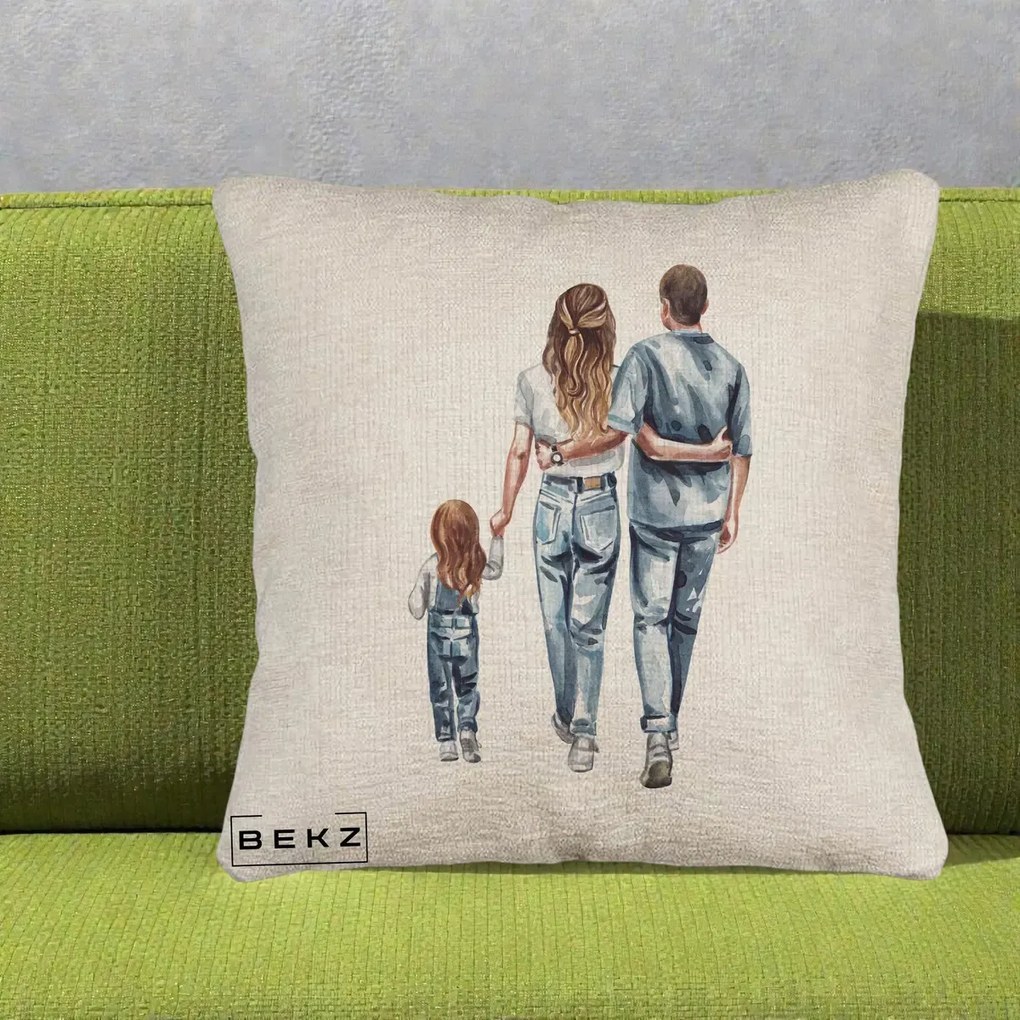 Cadou pentru Familie - Perna Personalizata Familie Acuarela Jeans, 40x40 cm, Bej Canapea, Husa Detasabila, Perna Inclusa, BEKZ®