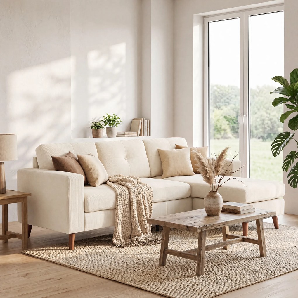 HOMCOM Canapea colțar 192 cm în formă de L, canapea 3 locuri cu chaise-longue reversibilă, aspect cord, pentru spații mici, alb crem | Aosom Romania
