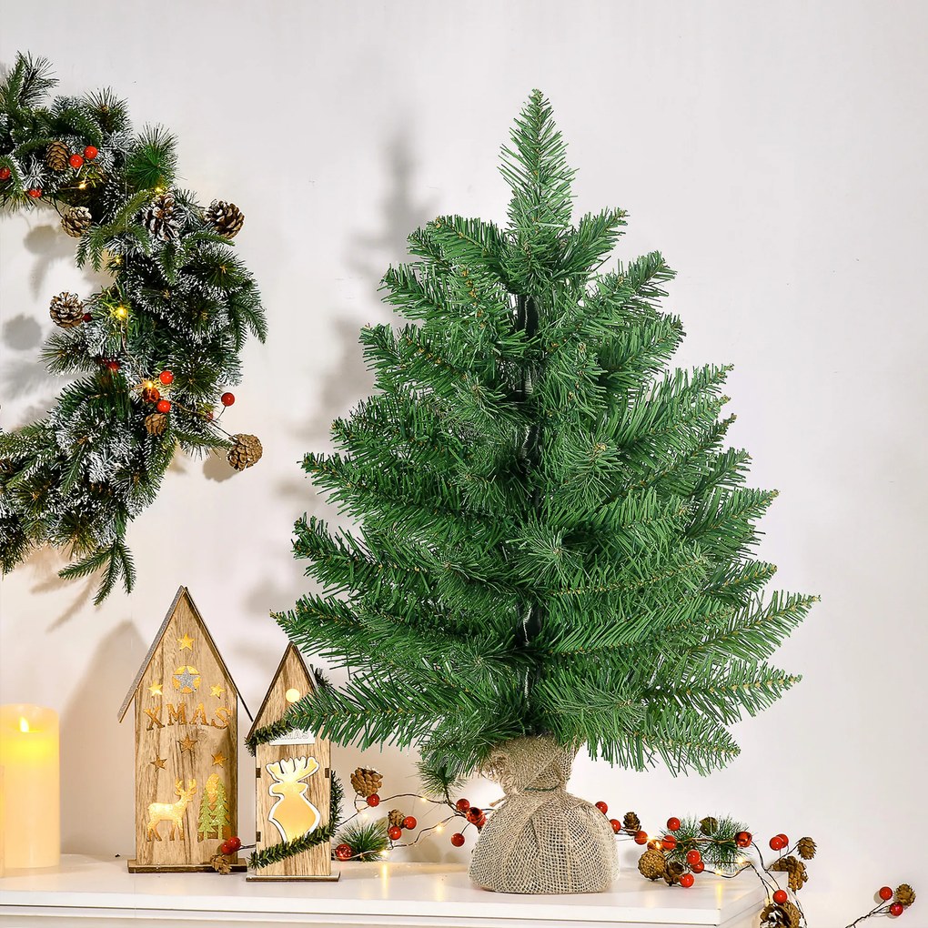 Mini Brad de Craciun Artificial 45cm, brad verde cu 50 Ramuri, baza din iuta, decoratiune de Craciun PVC HOMCOM | Aosom RO