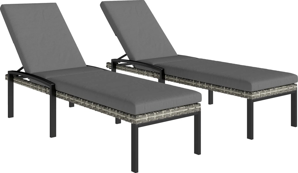 Outsunny Set de 2 șezlonguri Polyrattan, șezlong de grădină cu spătar reglabil în 5 poziții, pernă, până la 120 kg, Gri deschis | Aosom Romania