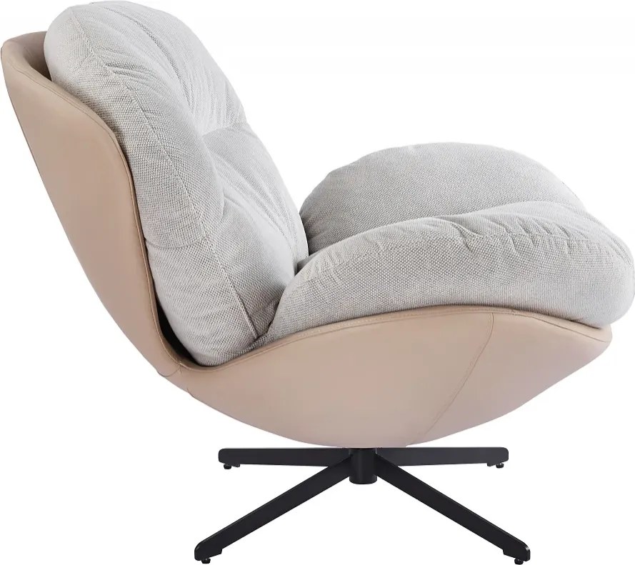 Fotoliu Lounge Rotativ 360° cu Pernă Extra Confort, Tapiterie Linen + PU, Bază Metalică Neagră, Design Modern, Alb