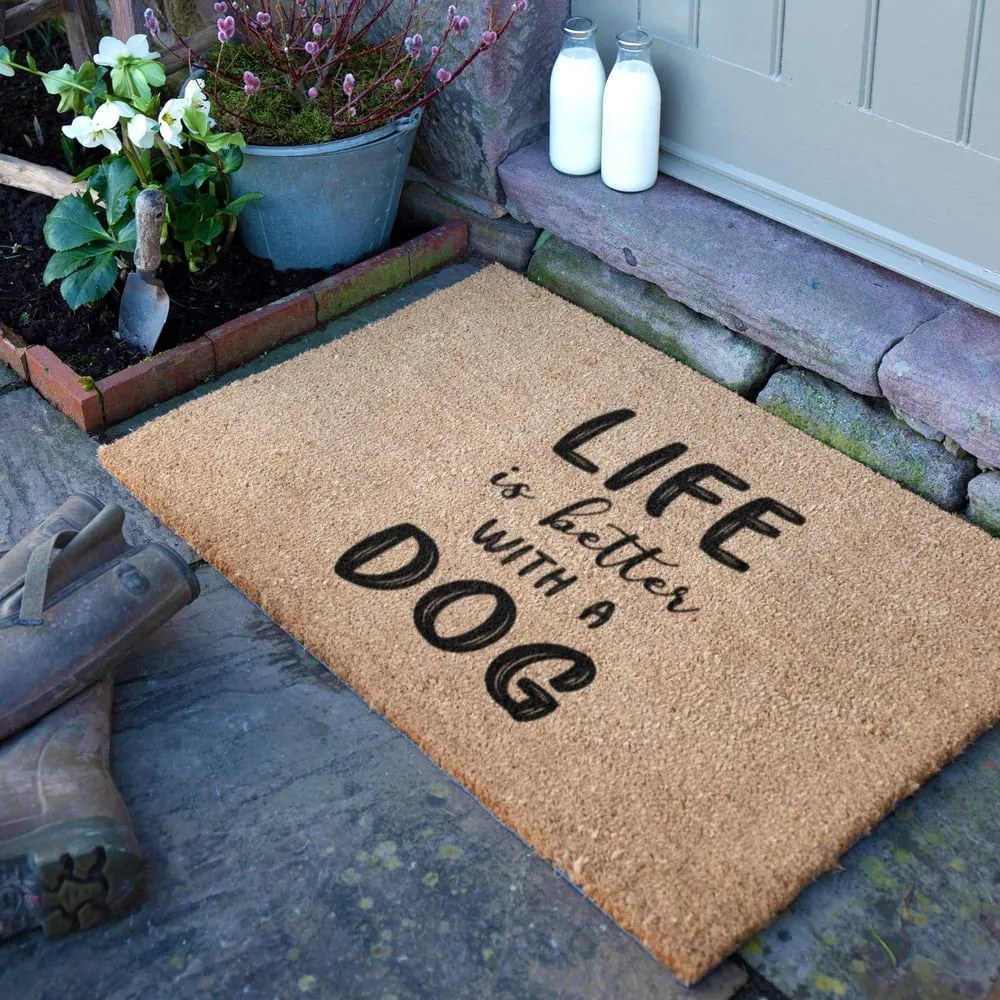 Covoraș de intrare din fibre de nucă de cocos 40x60 cm Life Is Better With a Dog – Artsy Doormats