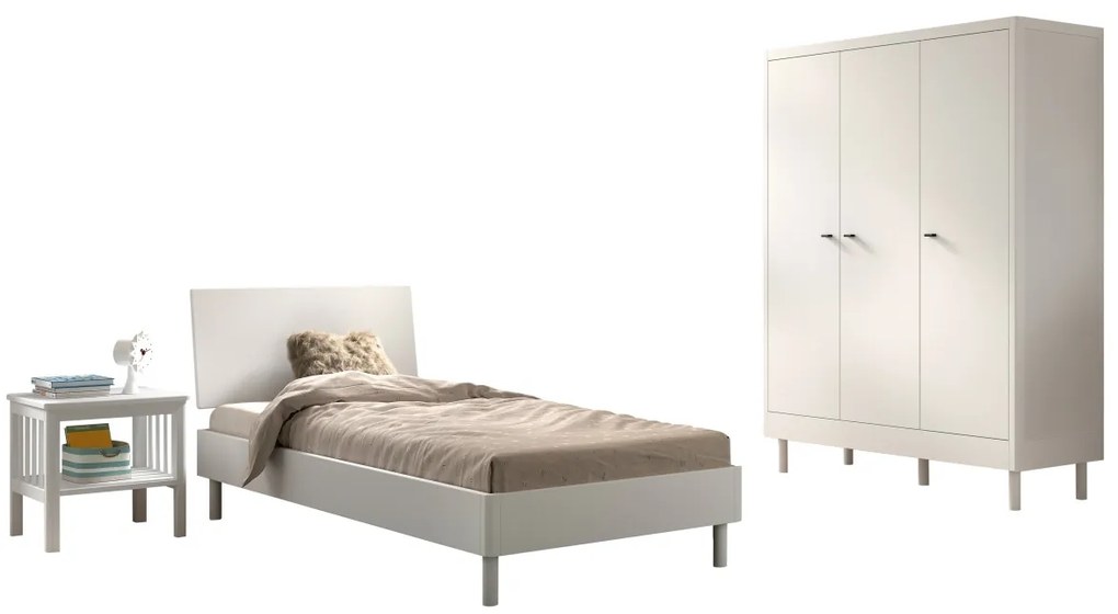 Set Mobilier Camera Copii Forrest Beech, Pat 90x200 cm, Dulap cu 3 Uși și Noptieră, din Lemn de Fag Lăcuit Alb – Vipack