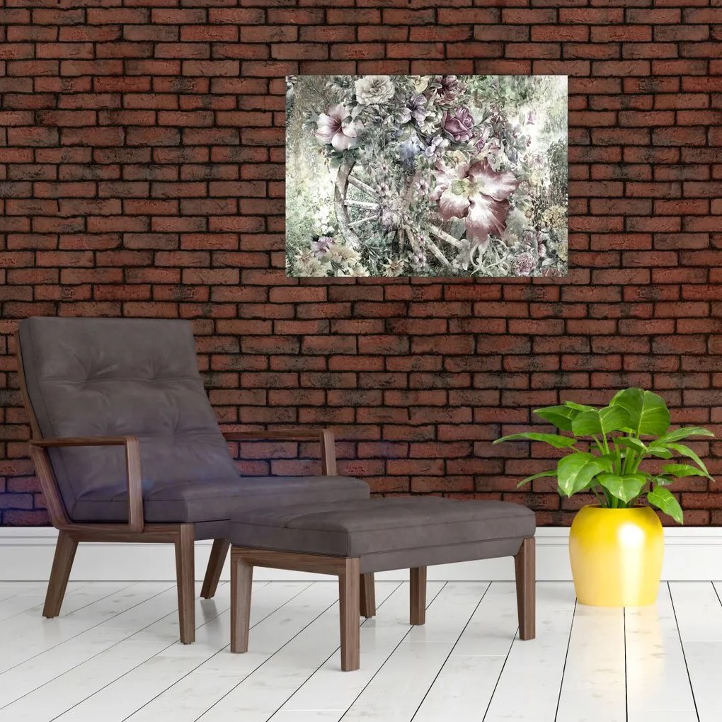 Tablou pe sticlă - Flori pe roata de lemn (70x50 cm)