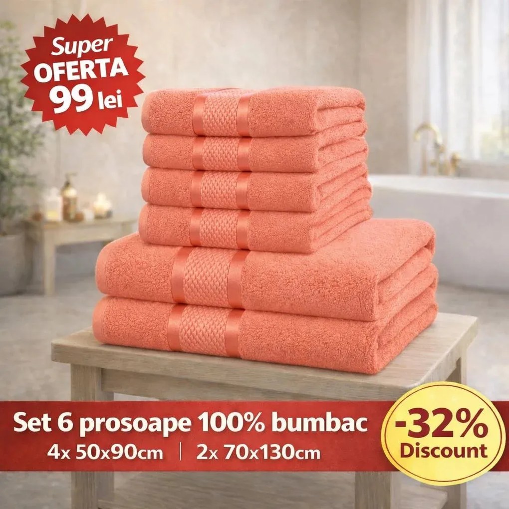Set 6 Prosoape ROYAL Premium – 100% Bumbac Pieptănat, 550 g/mp, Ultra-Absorbante și Pufoase