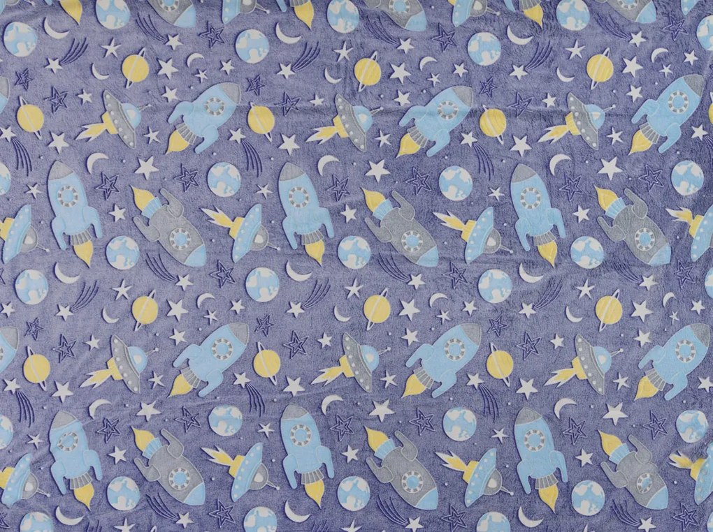 Patura fosforescenta microflanel COMET AND ROCKET 150x200 cm albastru-gri