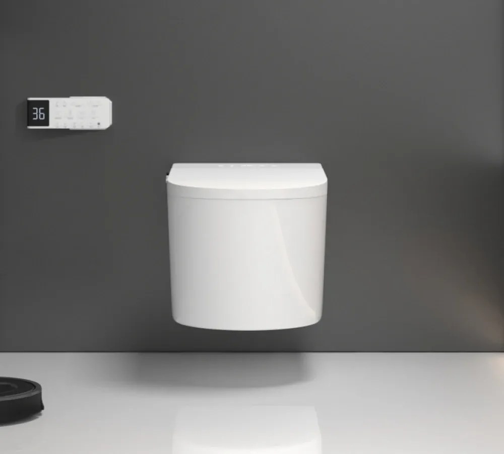Smart WC G02 – Vas de Toaletă Inteligent Suspendat cu deschidere automată, sterilizare UV, capac încălzit, uscare cu aer cald, afișaj LED, evacuare P-Trap, Alb