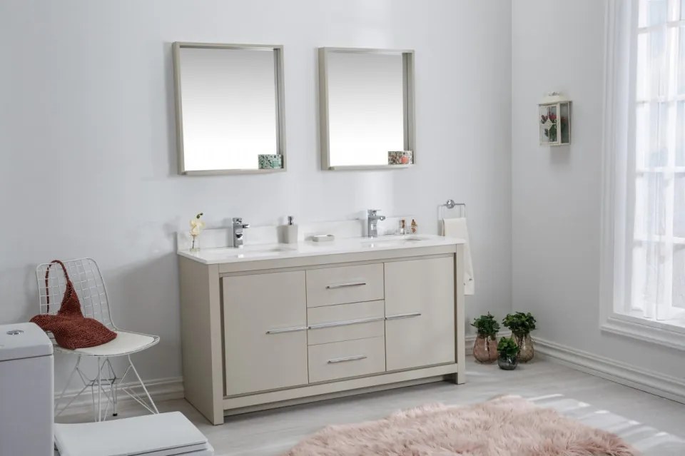 Set Mobilier Baie Superior 60, Include Dulap Baza cu Lavoar Dublu și 2 Oglinzi, 150 cm, Bej