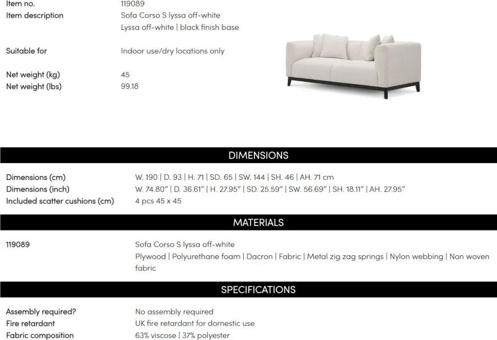 Canapea fixa design LUX Corso S, lyssa sand