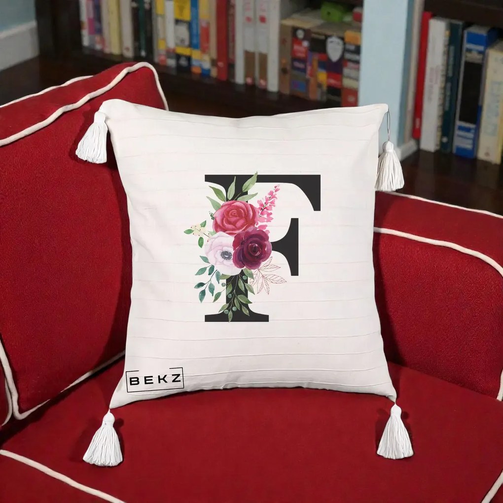 Cadou Personalizat - Perna Personalizata Monograma Florala Litera F, 40x40 cm, Bej cu Franjuri, Husa Detasabila, Perna Inclusa, BEKZ®
