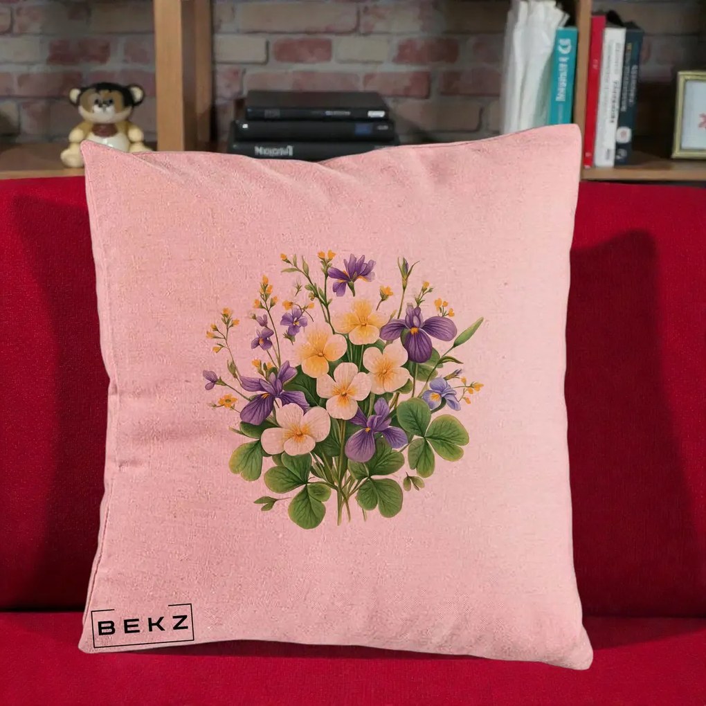 Perna Decorativa Viorele Iris Violet si Trifoi, 40x40 cm, Roz, Husa Detasabila, Perna Inclusa, BEKZ®
