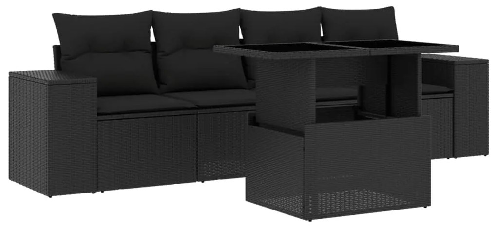 3268985 vidaXL Set mobilier de grădină cu perne, 5 piese, negru, poliratan