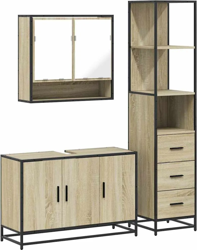 vidaXL Set mobilier de baie, 3 piese, stejar sonoma, lemn prelucrat