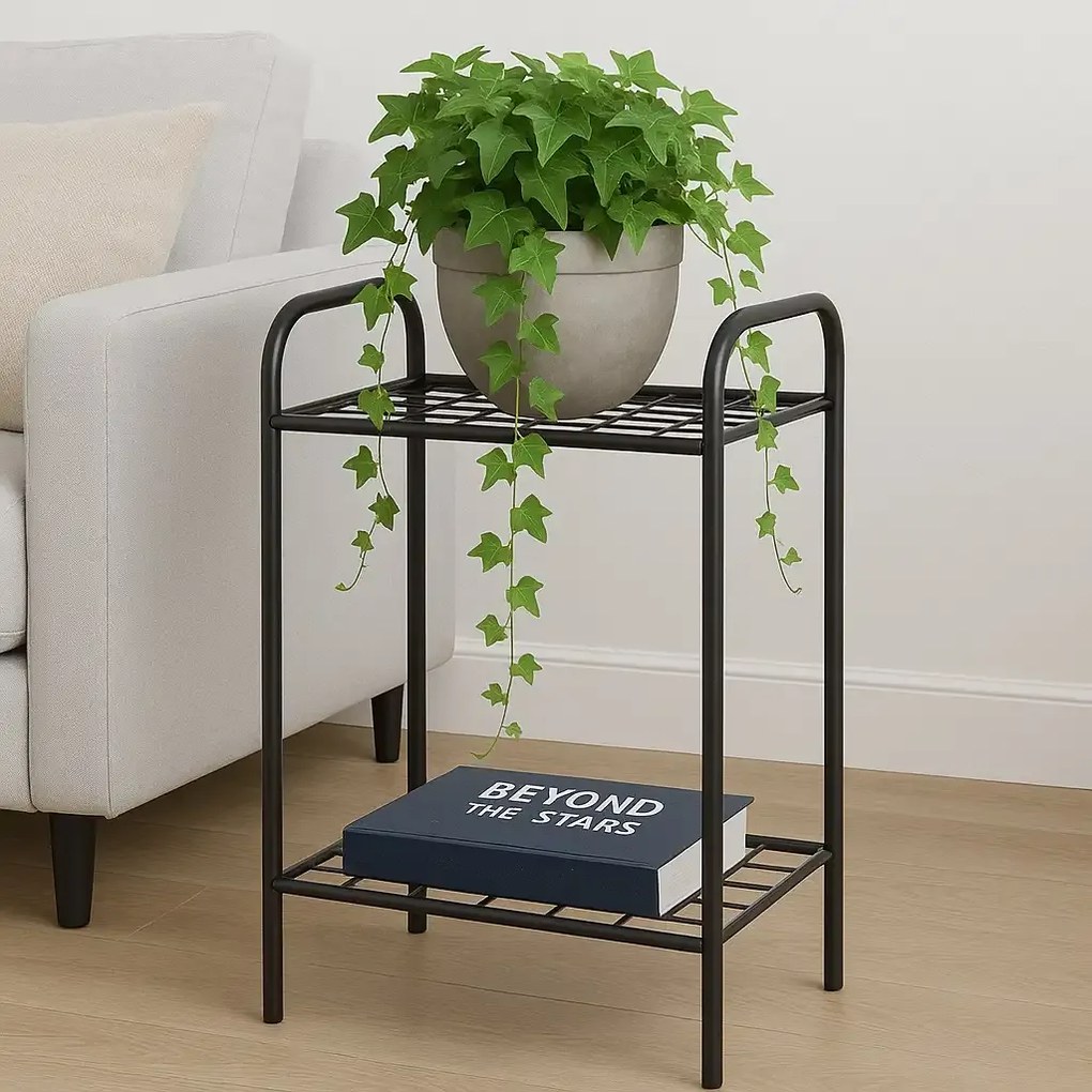 Etajera metal pentru flori 2 rafturi Decor Homs 33 x 60 x 31 cm, negru