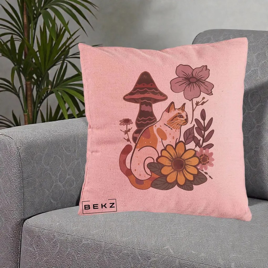 Perna Decorativa Pisica Vintage Florala Boho, 40x40 cm, Roz, Husa Detasabila, Perna Inclusa, BEKZ®