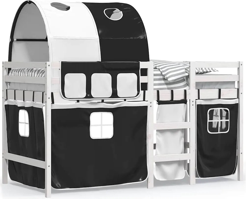 vidaXL Pat etajat de copii cu tunel alb/negru 90x190 cm lemn masiv pin