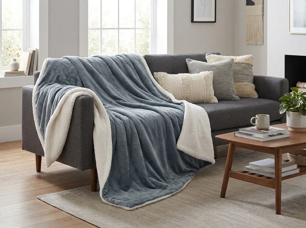 Patura CUDDIA, albastru-gri imitatie de miel Dimensiuni: 200 x 220 cm