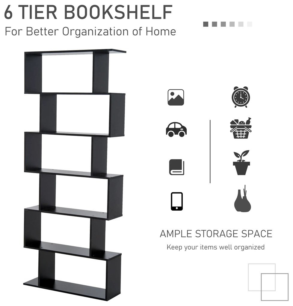 Biblioteca Design Modern in forma de S, din Lemn, cu 6 Rafturi, Negru, 80x23x192cm HOMCOM | Aosom Romania