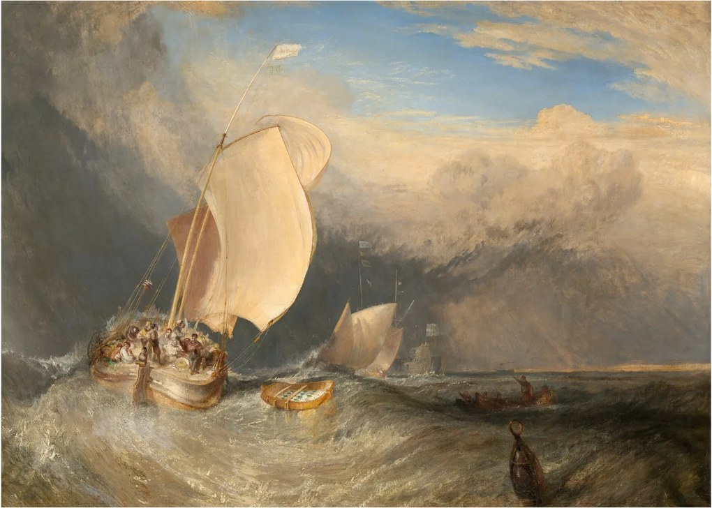 Tablou pe sticlă - William Turner, Fishing Boats with Hucksters Bargaining for Fish, reproducere (70x50 cm)