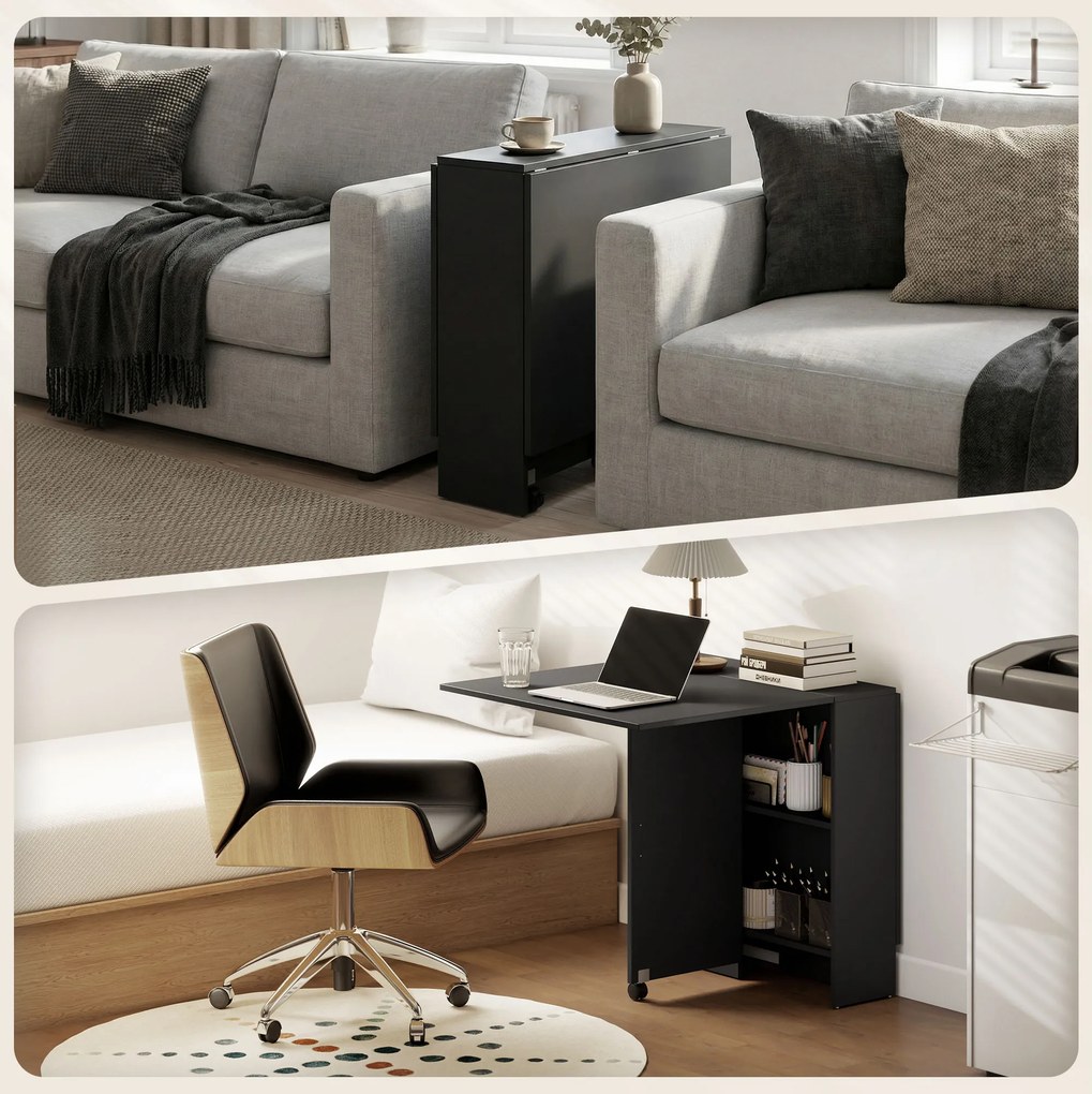 HOMCOM Masă Pliantă din Lemn cu Roți, pentru 4-6 Persoane, 75x140x75 cm, Negru | Aosom Romania