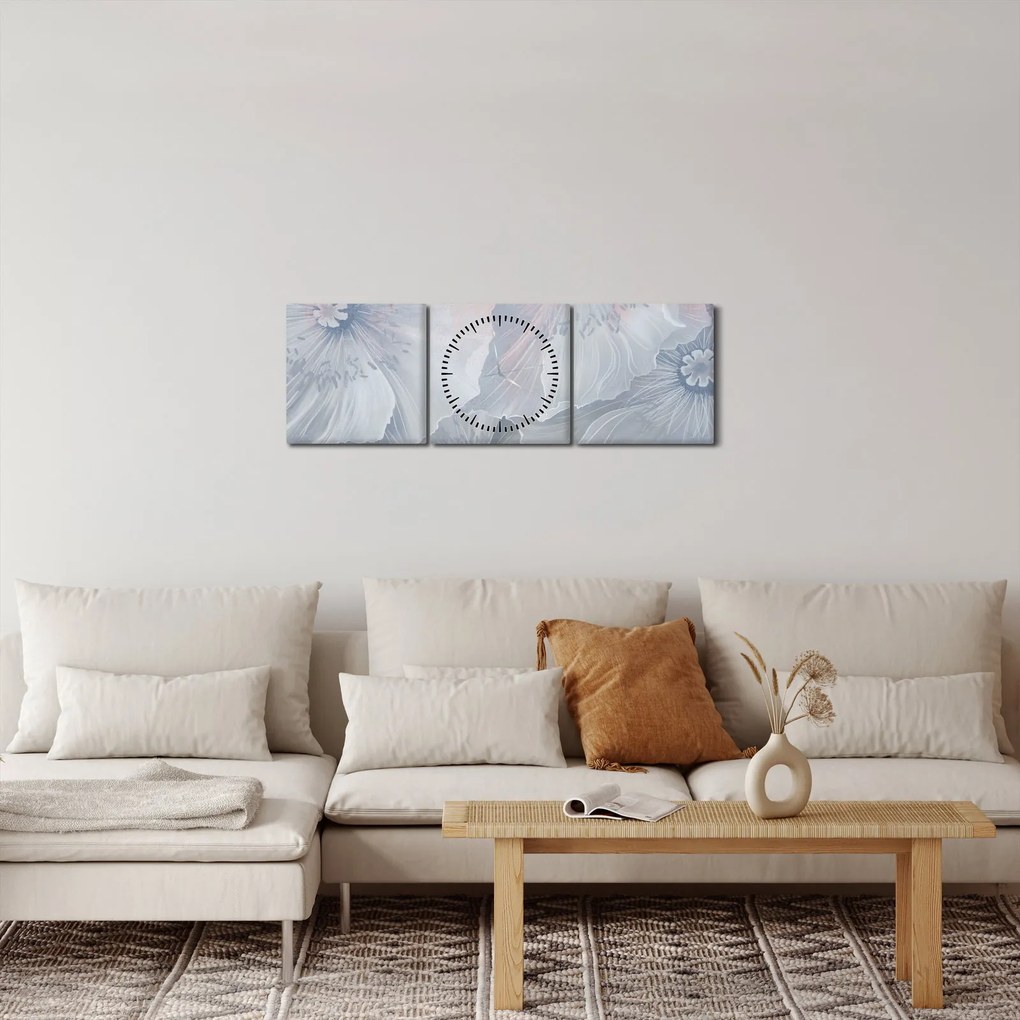 Tablou - Flori albastre pe perete (cu ceas) (90x30 cm)
