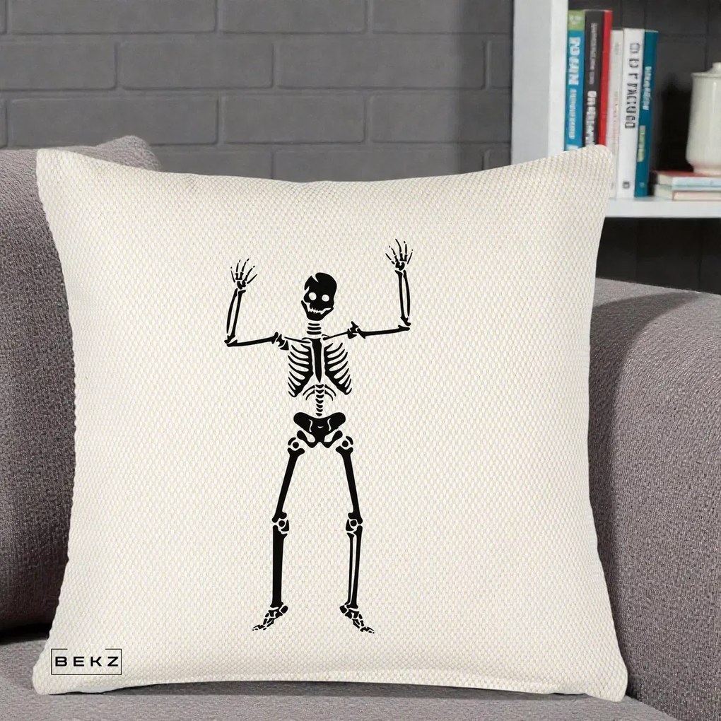 Perna Decorativa Halloween Schelet Dansator, 40x40 cm, Crem Reliefat, Husa Detasabila, Perna Inclusa, BEKZ®