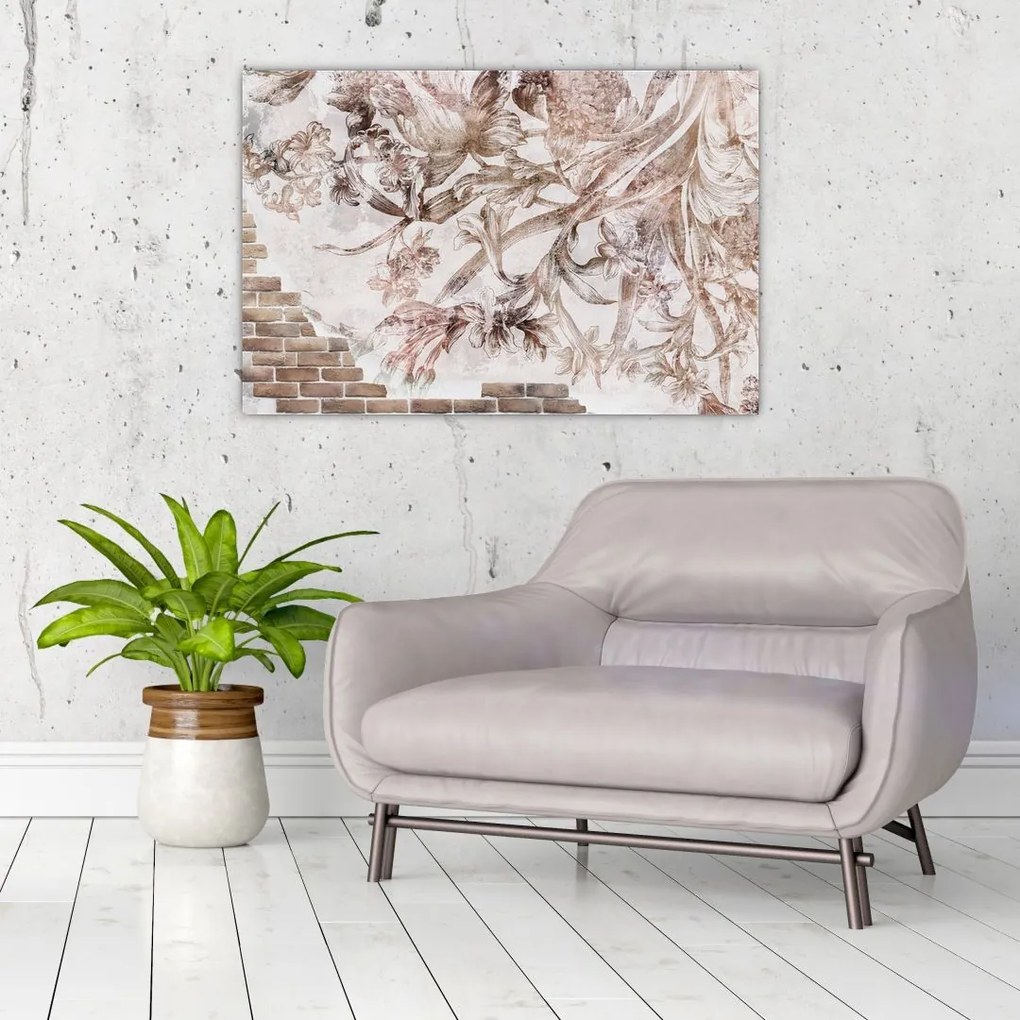 Tablou - Frescă florală pe un perete de cărămidă (90x60 cm)